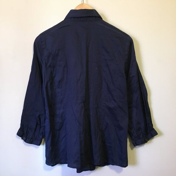 Dark Navy Blue 100% Cotton Ruffled Maestro 3/4 Sleeve Button Up Shirt - Picture 2 of 15